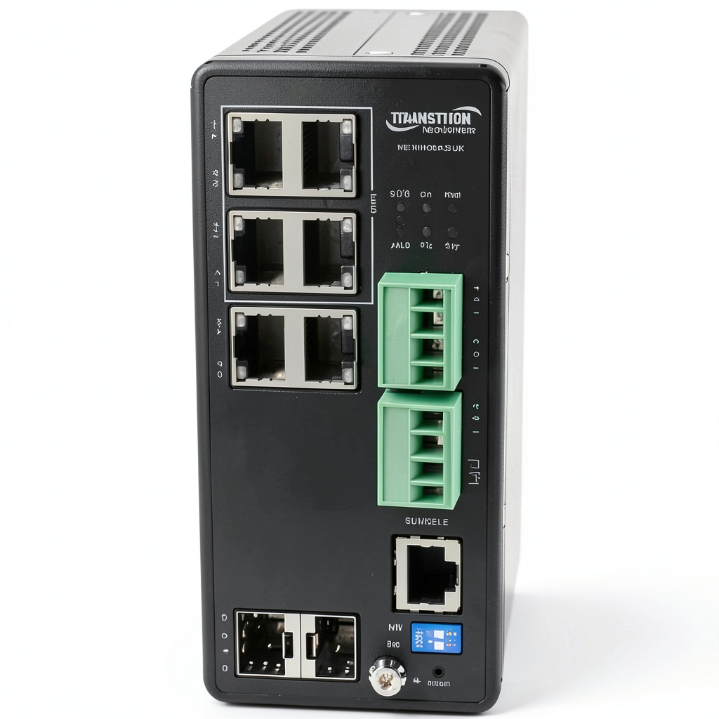 Transition Networks Managed Hardened PoE Switch installed in industrial control panel with DIN rail mounting