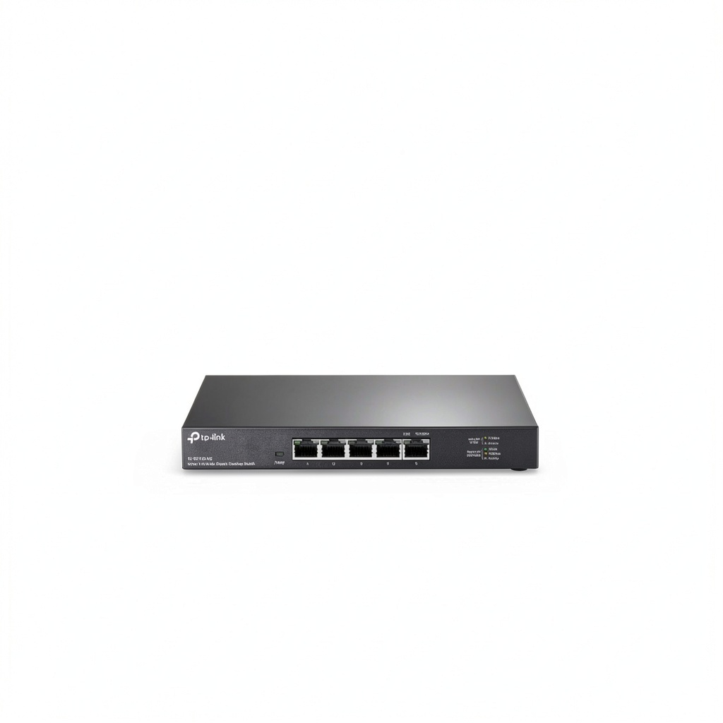 Installing TP Link TL SG105 M2 5 Port Multi Gigabit Unmanaged Network on a wooden desk