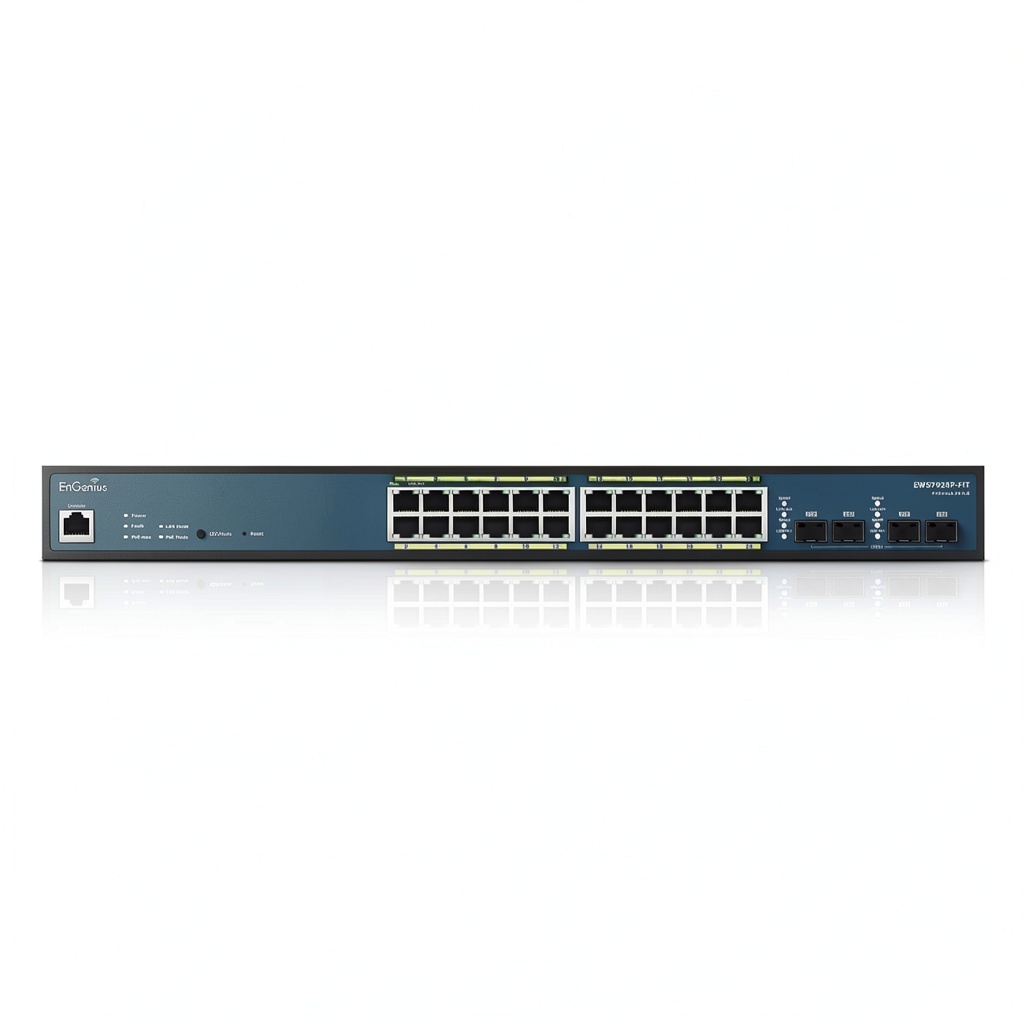 EnGenius Fit 24 Port Gigabit PoE Managed Switch for SMBs showing front panel ports and status lights