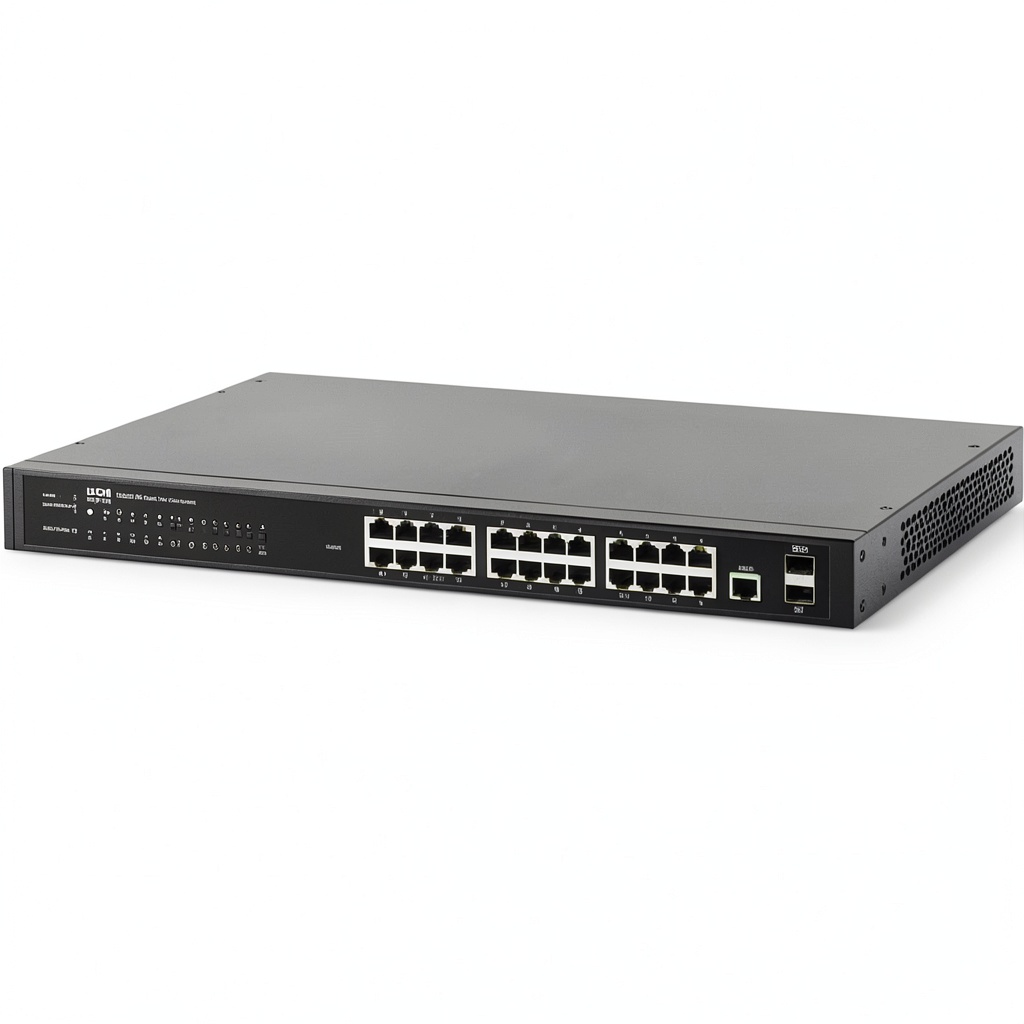 Installing Tripp Lite NGS24C2 Gigabit Ethernet Switch 24 Ports on a wooden desk