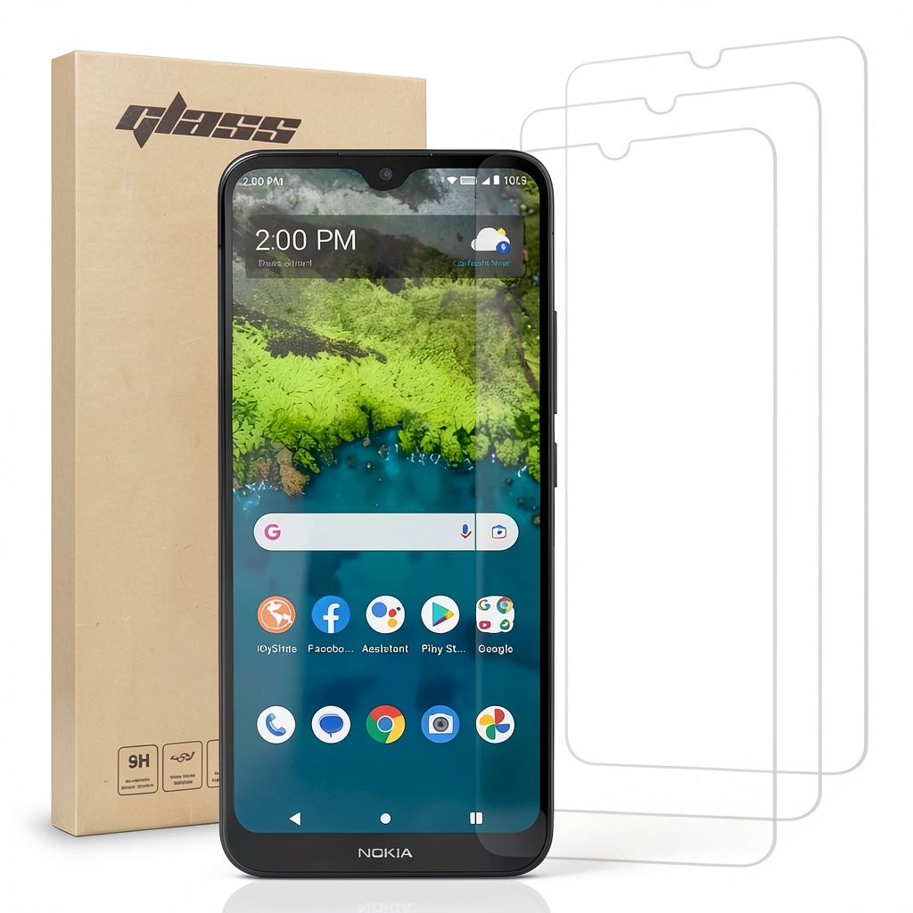 Installing Nokia C110 Screen Protector 9H Tempered Glass Bubble Free on a wooden desk