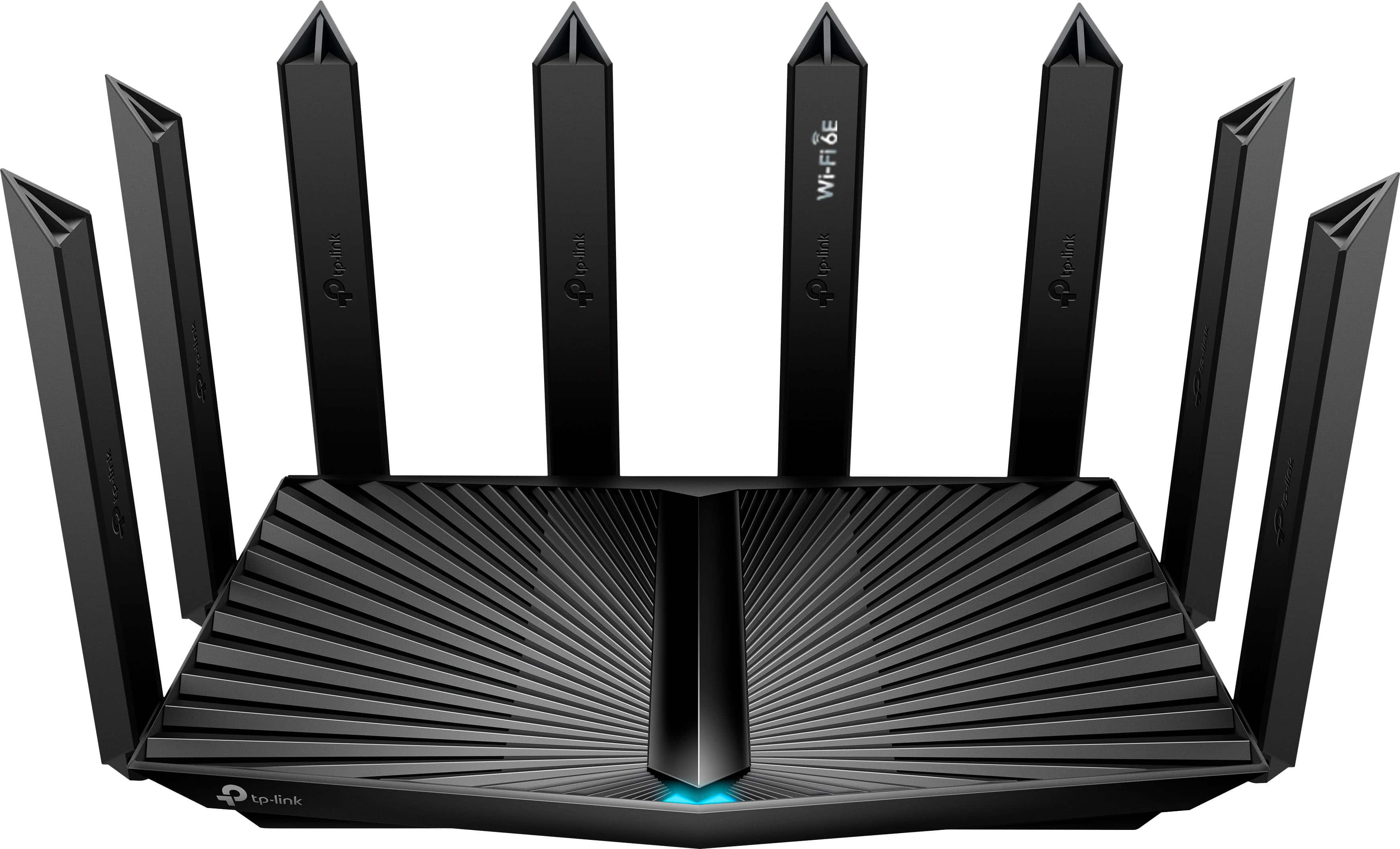 TP-Link Archer AXE95 router on a modern desk with connected devices