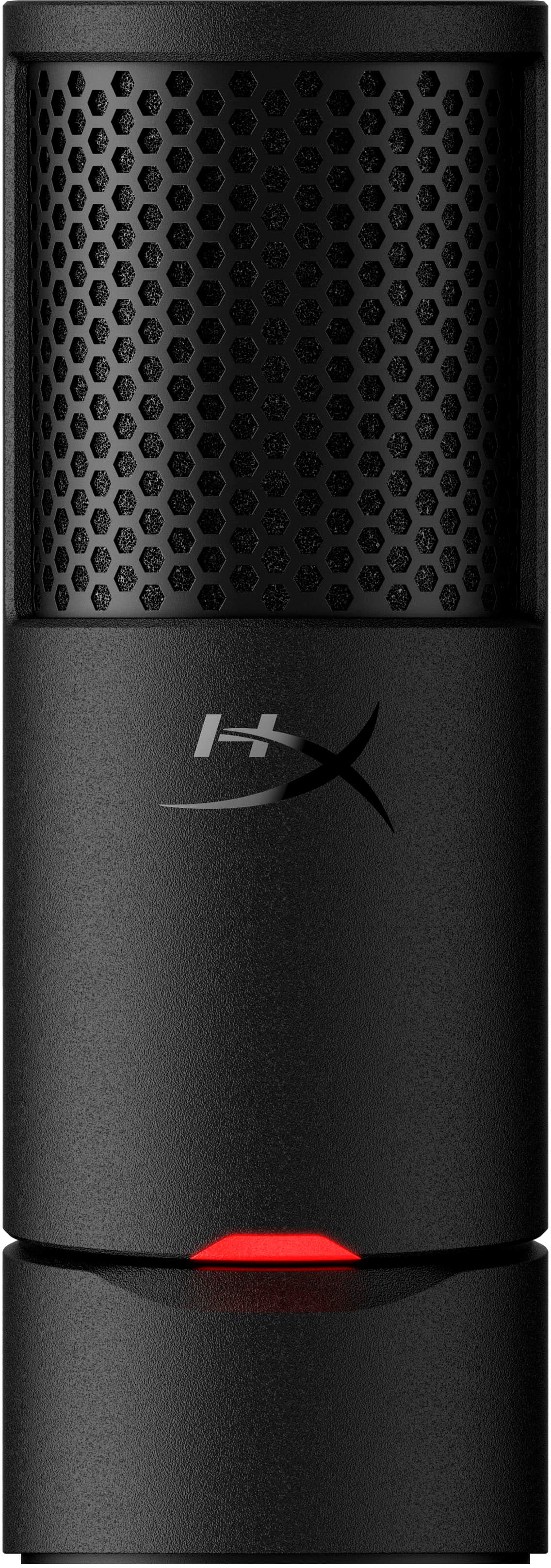 HyperX SoloCast 2 microphone on a desk with gaming setup
