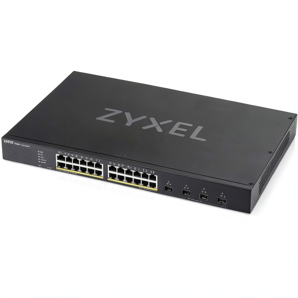 Installing ZYXEL 24 Port GbE PoE Lite L3 Smart Managed Switch on a wooden desk