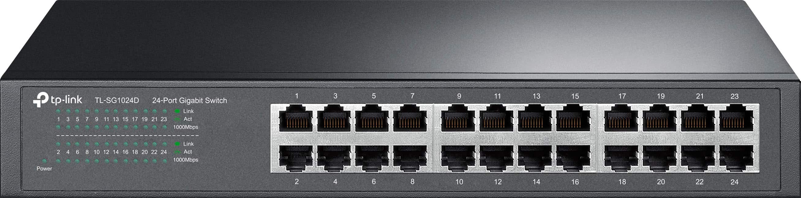 'TP-Link 24-port Gigabit Ethernet switch mounted in a server rack'