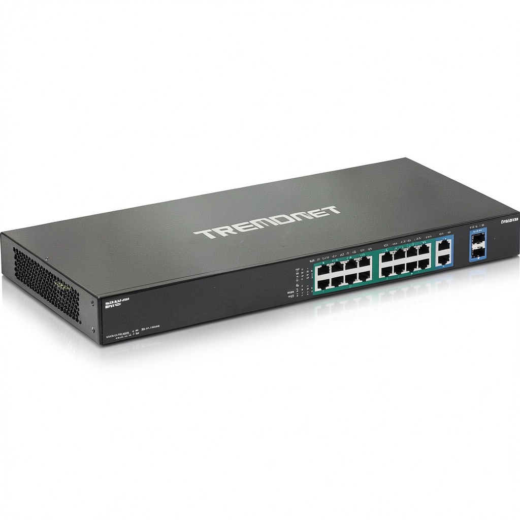 TRENDnet 18 Port Gigabit High Power PoE Switch 440W installed in small business server rack with multiple security cameras